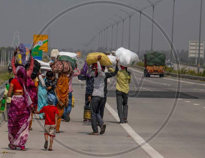 Migrant Workers With Their  Families  Returning To Their Villages In  Bihar During An Extended Nationwide Lockdown To Slow The Spread Of The Coronavirus Disease, In Sonipat, Haryana On May 19,2020.