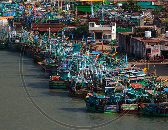 Aerial view of the fishing boats in harbour, india