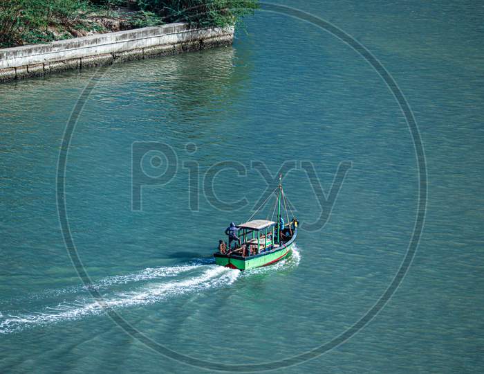 Vintage wooden boat in the Indian sea. Boat drone photo.