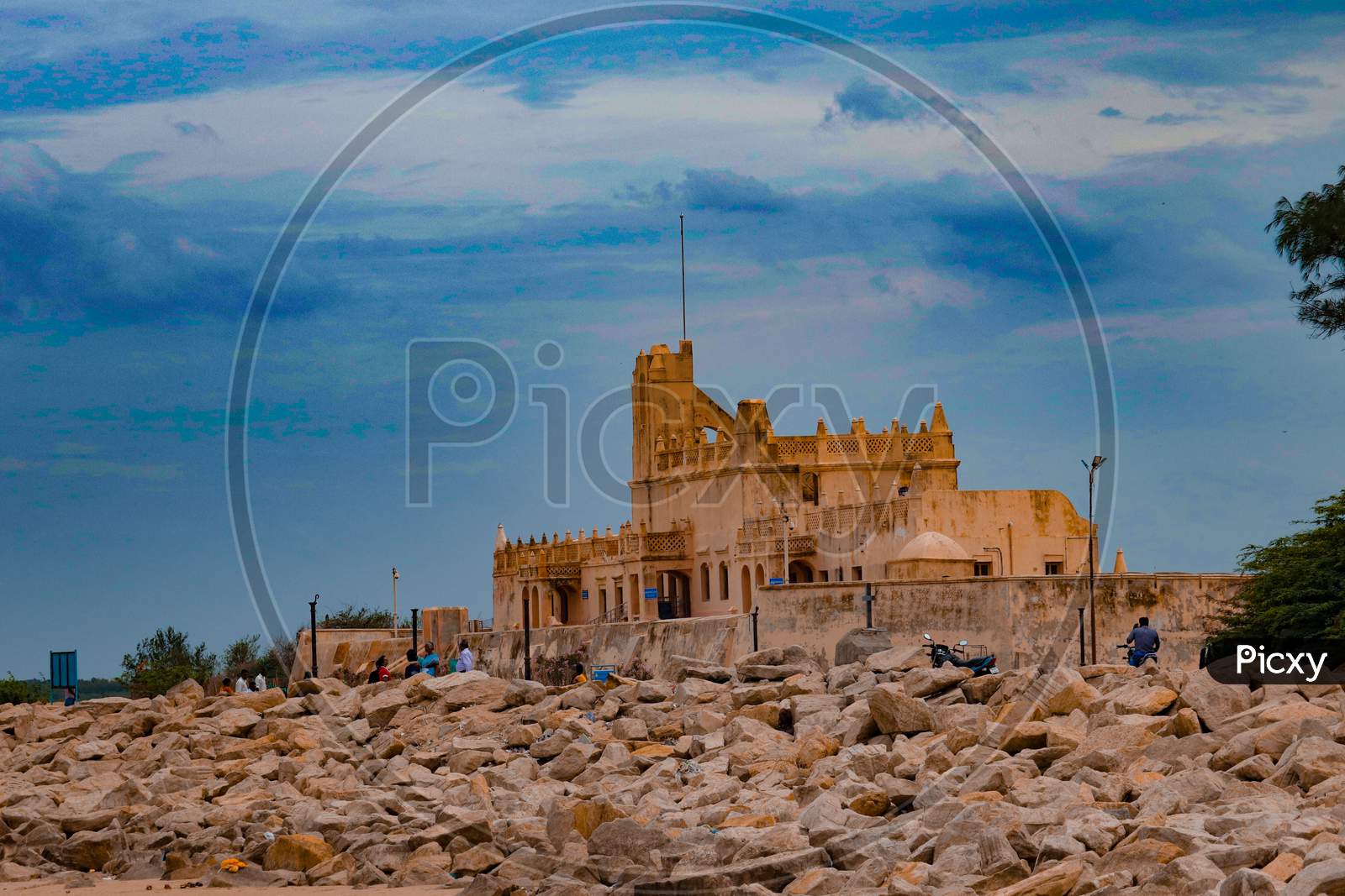 Beautiful fort in the middle of the rocks, abstract sky in the background with noise