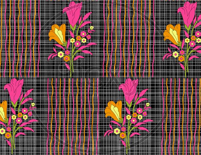 Seamless Flower Butta With Stripe Black Background