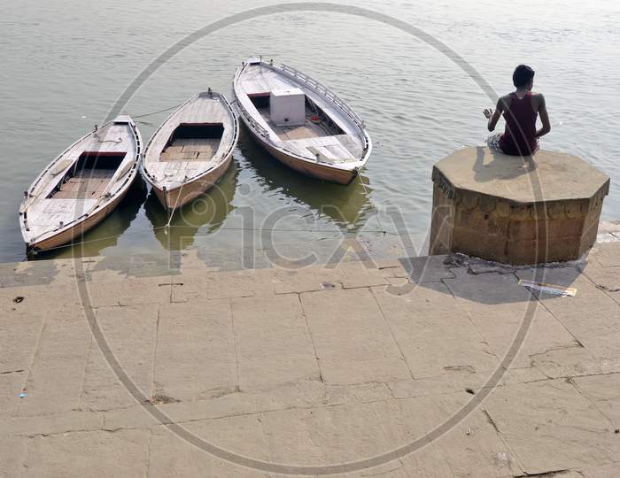 boats on ganga river varanasi uttar pradesh india