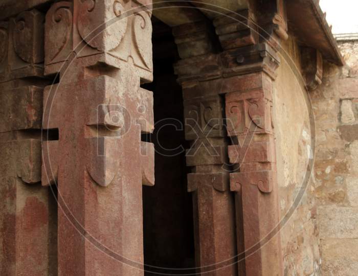 Stone Crafted Pillas in Tughlakabad Fort in New Delhi