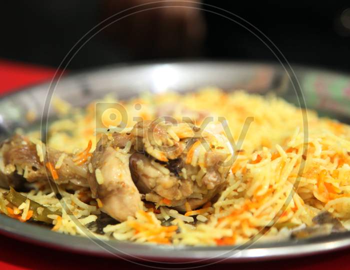 Close up shot of Chicken Biriyani in a Plate