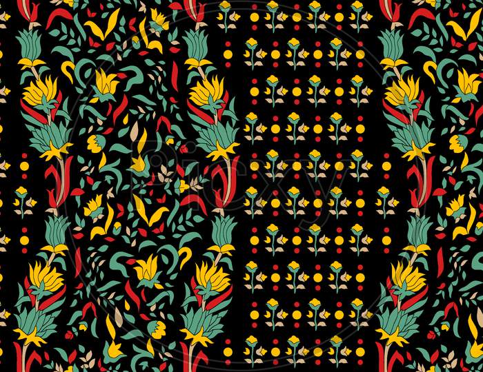 Seamless Colorful Floral Design Pattern With Black Background