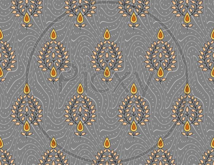 Seamless Mughal Motif With Grey Digital Background