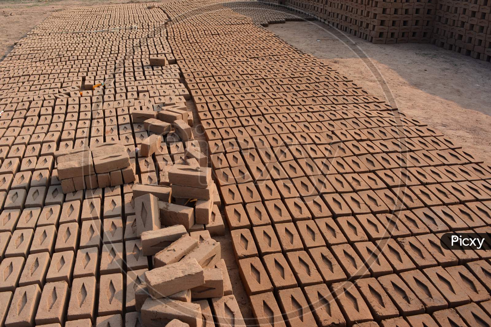 Raw brick laid out in stacks for drying. Bricks in a brick factory. Traditional production of clay bricks in India.