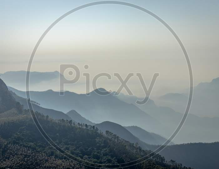 Mountain Range In Mist With Forest