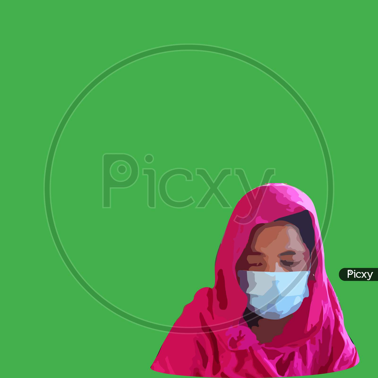Muslim Women Wearing Face Mask On Green Background
