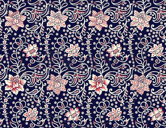 Seamless Flower Paisley Allover With Navy Background