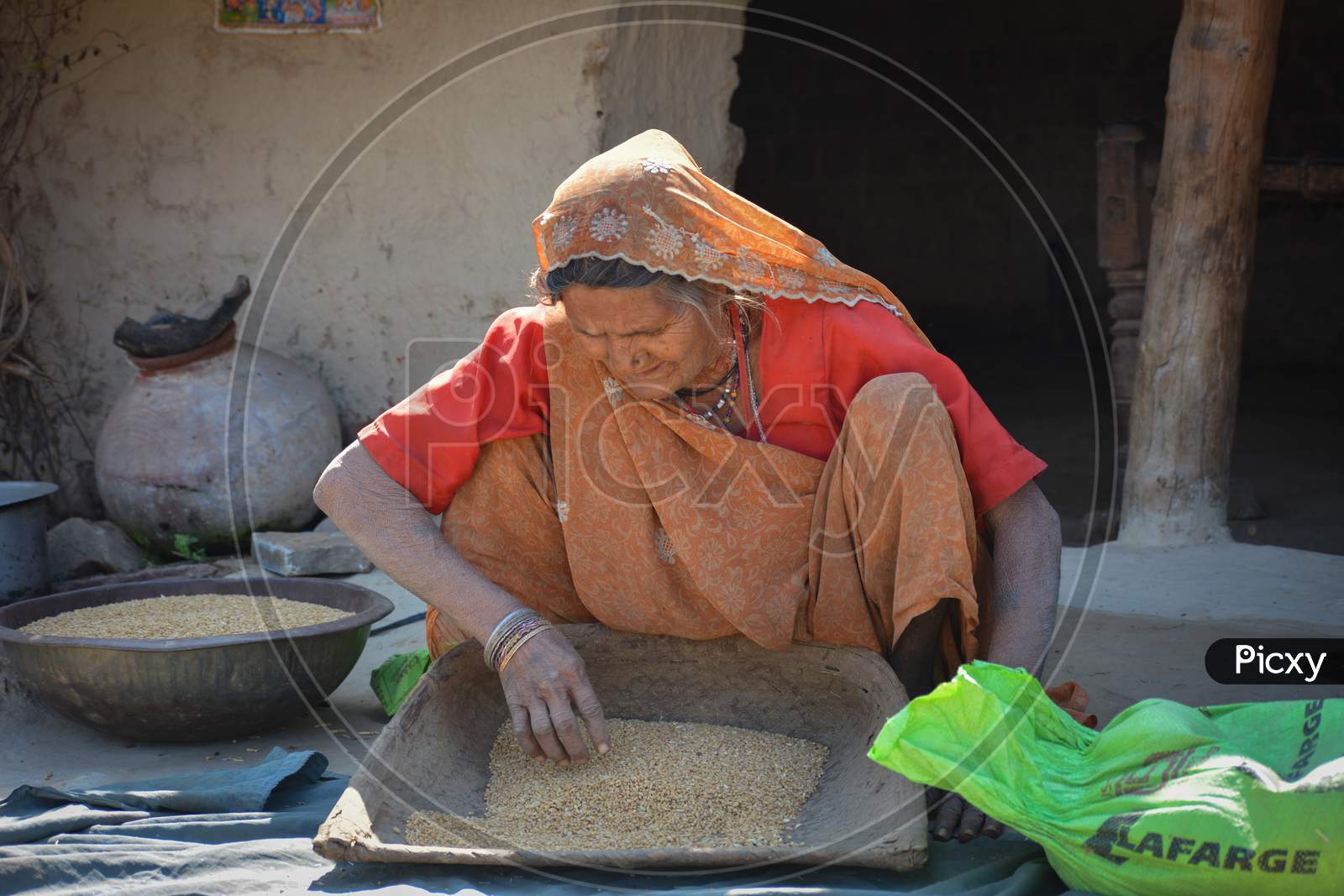 TIKAMGARH, MADHYA PRADESH, INDIA - FEBRUARY 03, 2020: An old woman in an Indian village.