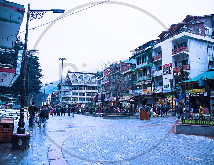 Manali , Himachal Pradsh, India, January 21, 2019: View Of Mall Road In Daytime, Manali - Image