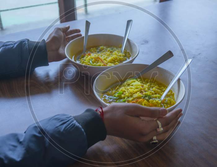 bowl of noodles, road side food in sikkim, vegetable maggi soup