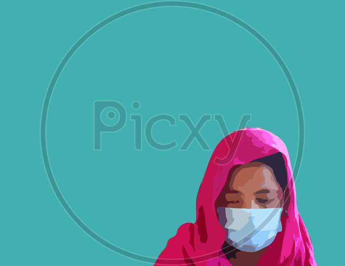 Muslim Women Wearing Face Mask On Blue Background