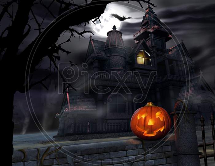 Horror Scary view of ghost house with terrible pumpkin