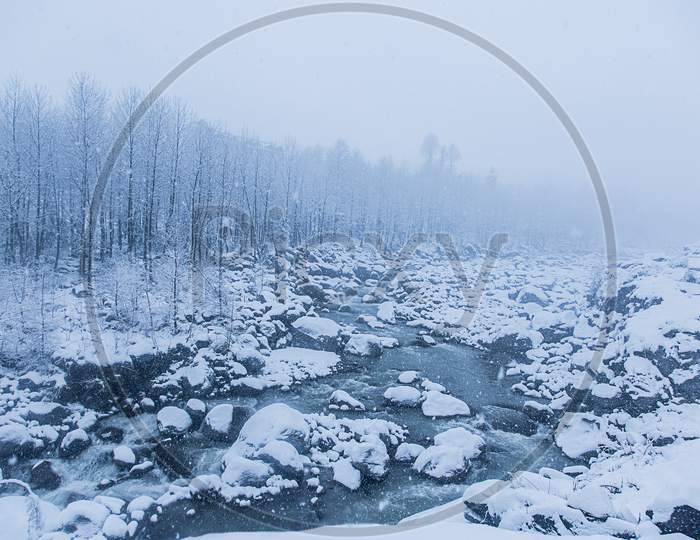 Beautiful Winter Landscape With Forest, Trees And River Covered With White Snow - Image