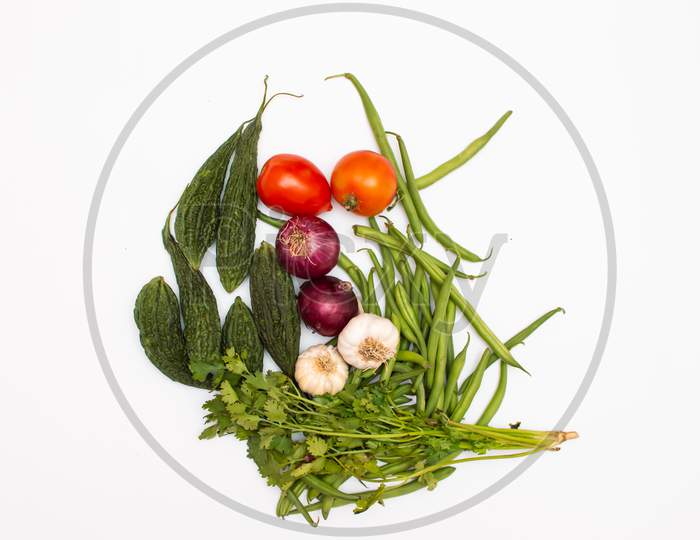 vegetables and fruit placed on white background