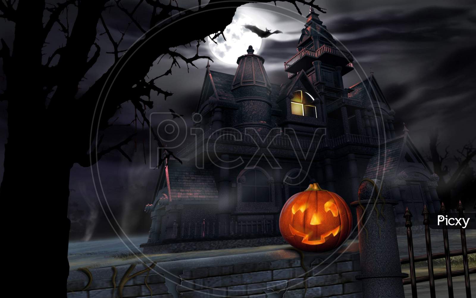 Horror Scary view of ghost house with terrible pumpkin