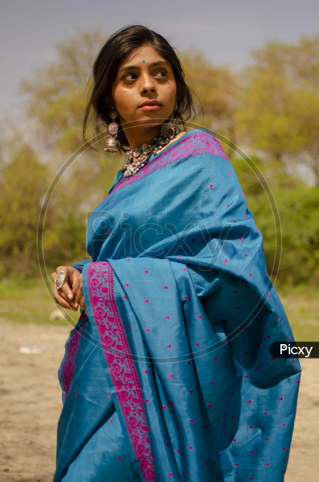 Girl In Blue Saree Standing With A Smile On Her Face