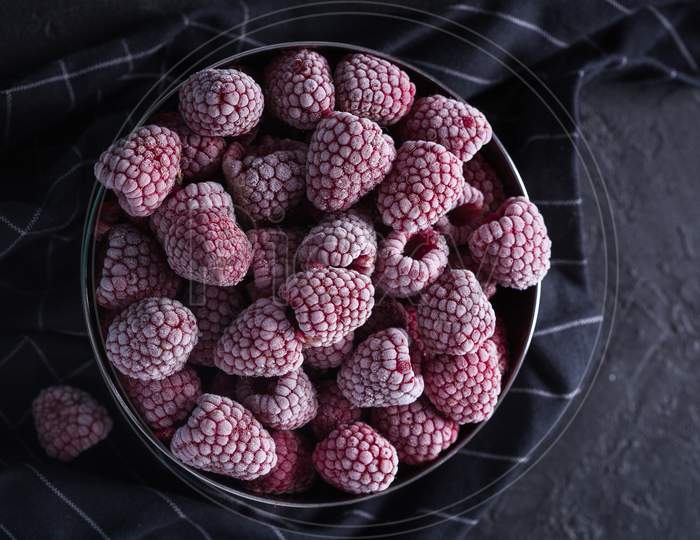 Collection / Group of healthy frozen raspberry