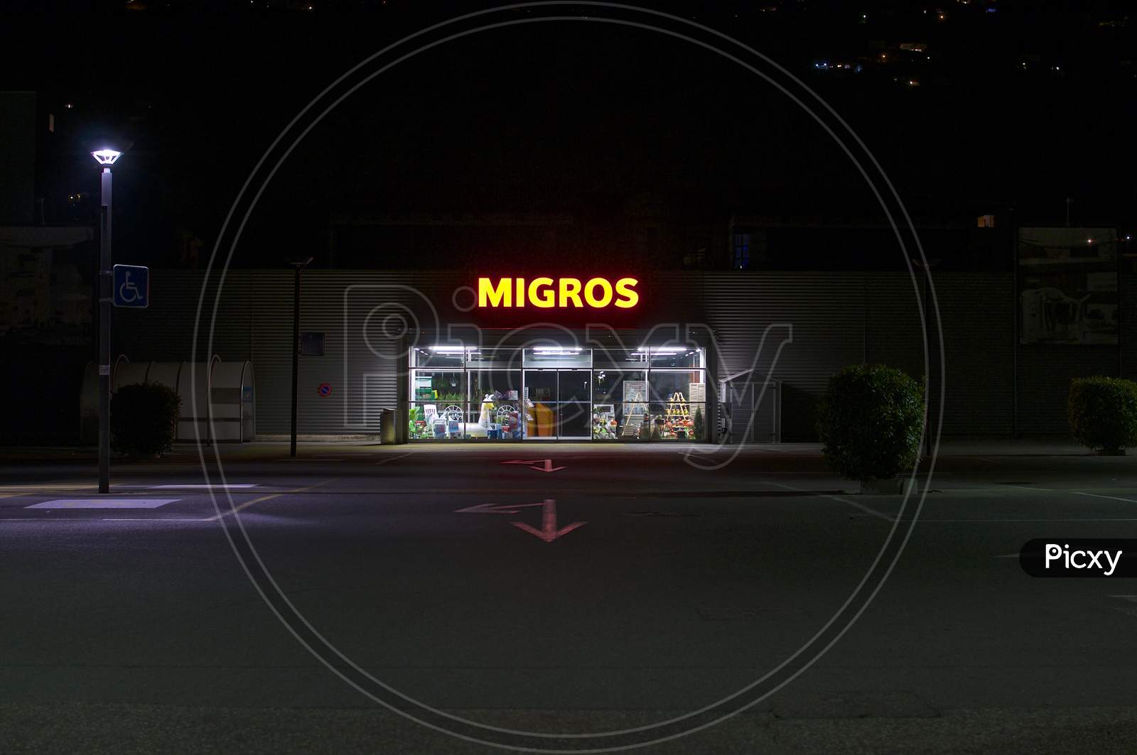 Migros Supermarket Entrance At Night