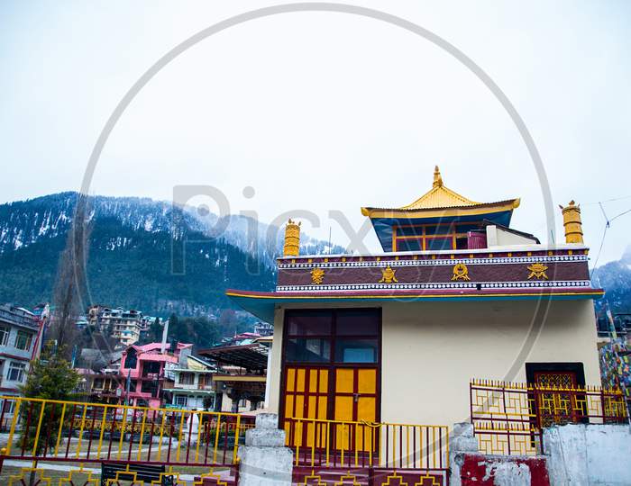 Manali , Himachal Pradsh, India, January 21, 2019 Wide Angle View Of Buddhist Temple Near Mall Road, Background - Image