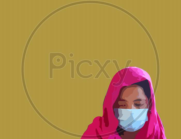 Muslim Women Wearing Face Mask On Golden Background