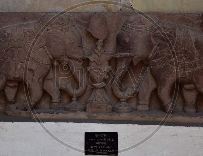 Gwalior, Madhya Pradesh/India - March 15, 2020 : Sculpture Of Two Elephant Built In 12-13Th Century A.D.