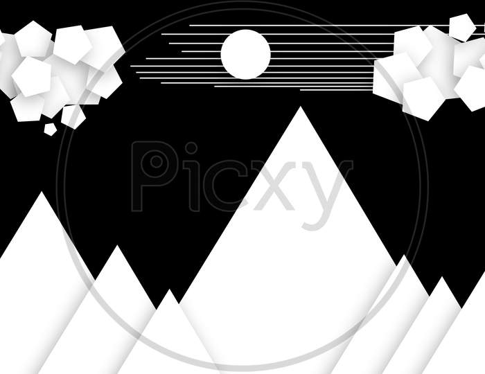 Nature Scene Made Of Shapes (Mountain, Cloud, Sun, Sky ) Stock Photo Abstract, At The Edge Of, Backgrounds, Black And White, Black Background