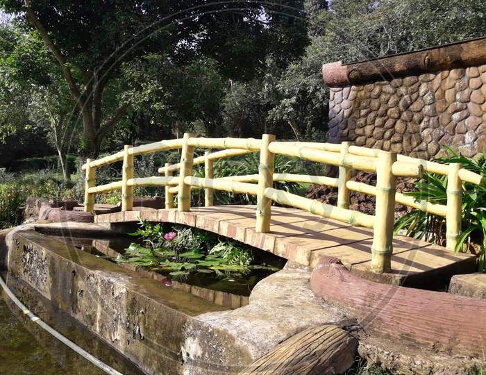 Bamboo Bridge In A Park.