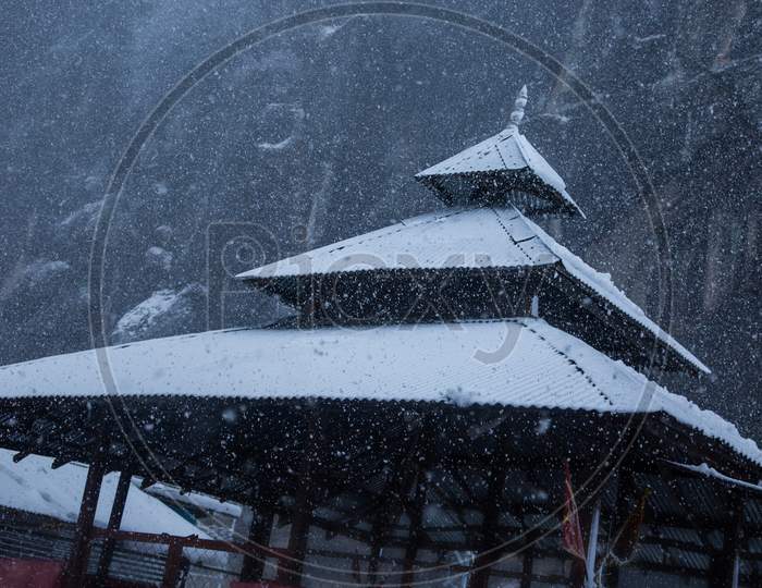 Old Wooden Temple Covered With Snow, Winter Snowfall In Himalaya - Image