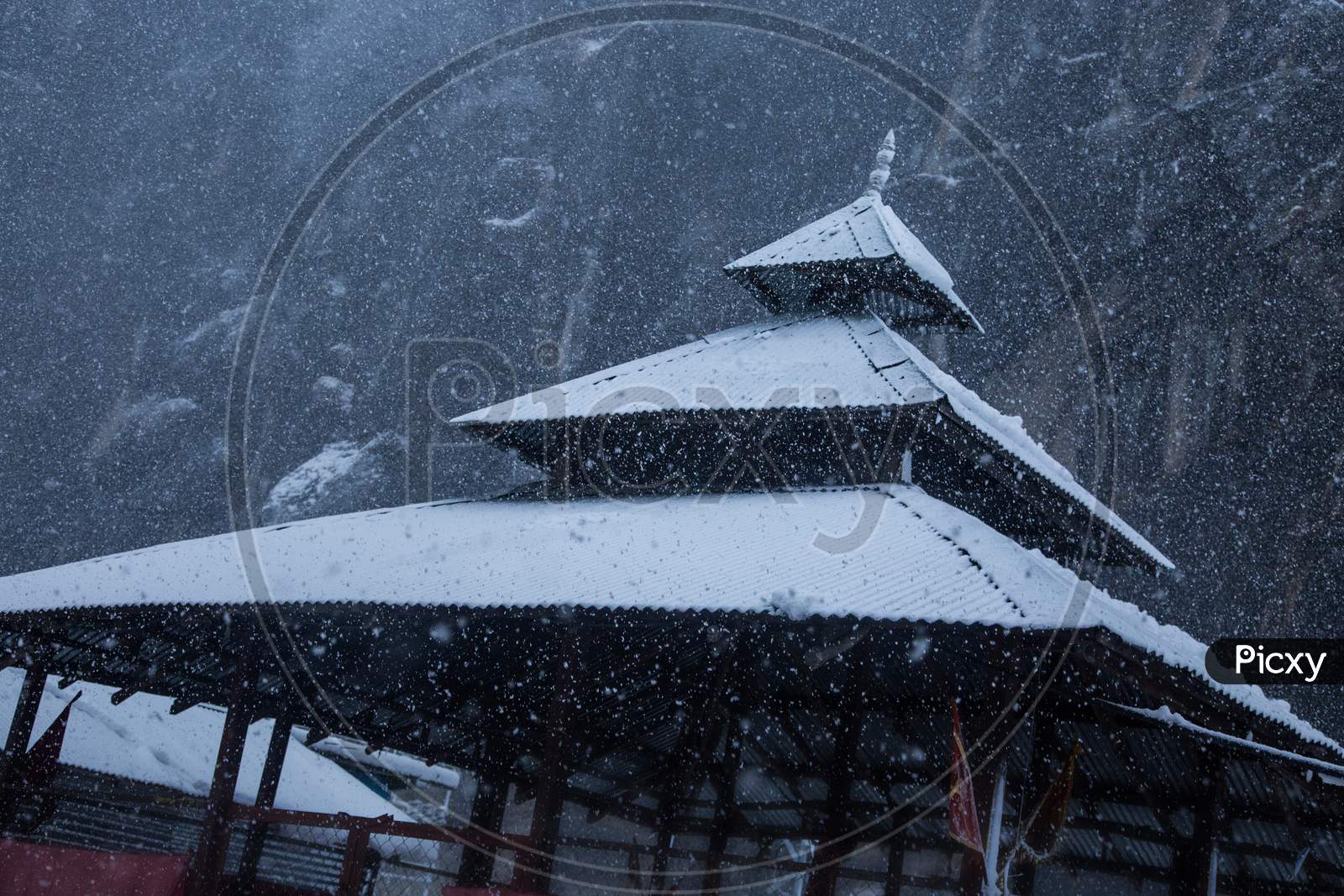 Old Wooden Temple Covered With Snow, Winter Snowfall In Himalaya - Image
