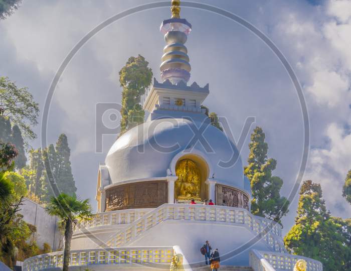 Japanese peace pagoda, sightseeing in Darjeeling, Buddhist Temple, morning full of clouds
