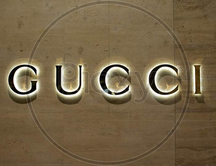 Illuminated Gucci Sign In The City Of Lugano