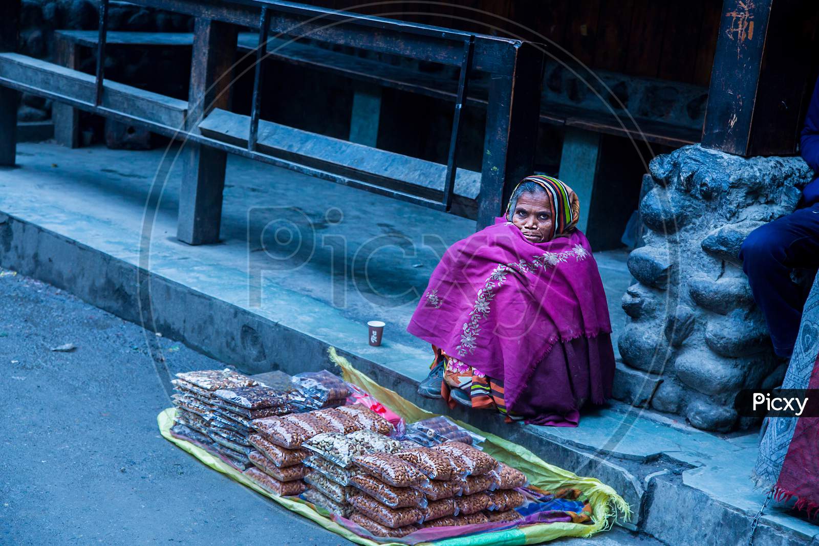 Himachal Pradesh, India - Jan 21, 2019, Old Women Selling Dry Fruits At Street. - Image