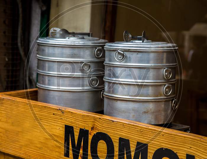 Dumplings,Momos In A Traditional Steel Vessels Steamer,Street Food, Healthy Homemade Asian Cuisine Concept. - Image