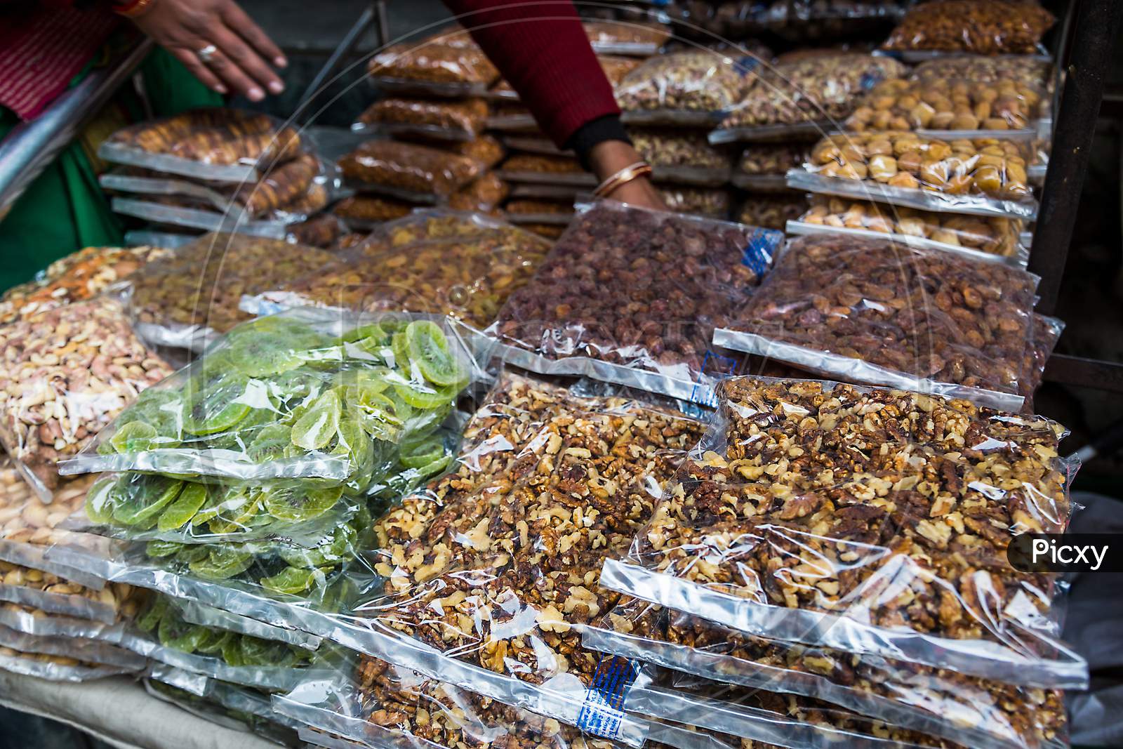 Transparent Plastic Package Full Of Various Dried Fruits Stacked In Piles For Sale At Market, Dried Fruits, Asian Market - Image