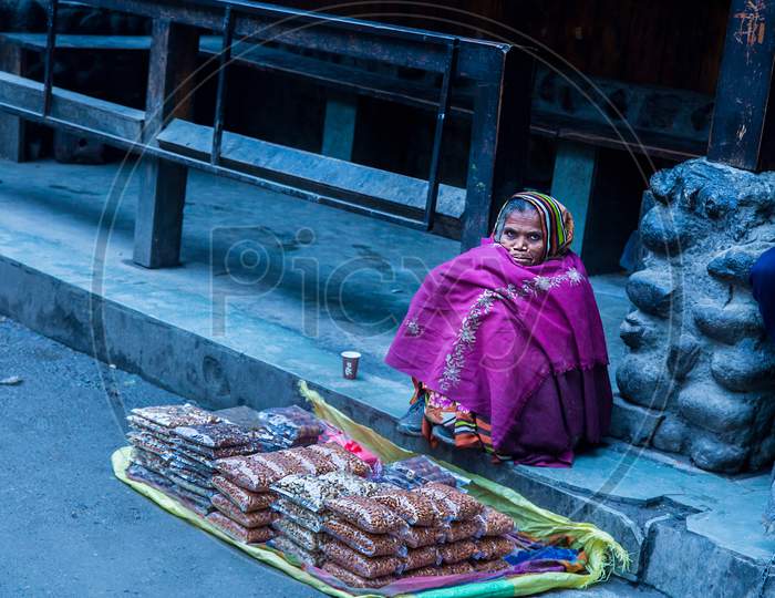 Himachal Pradesh, India - Jan 21, 2019, Old Women Selling Dry Fruits At Street. - Image