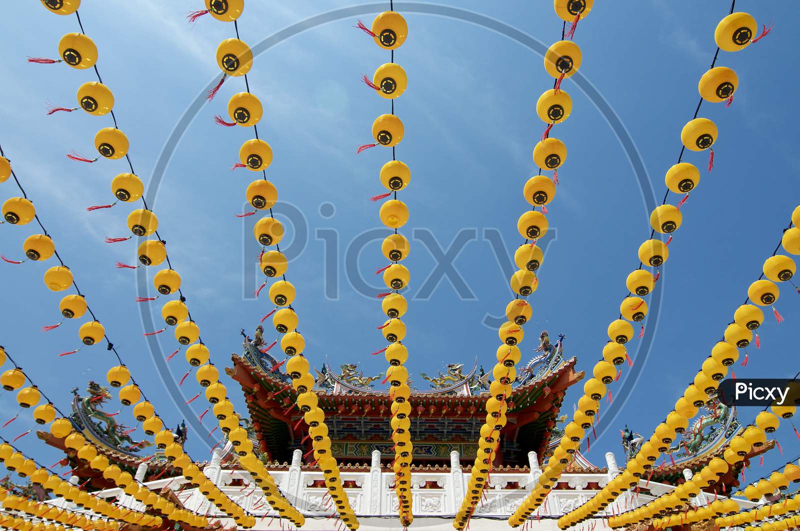 View Of Yellow Lanterns Of Thean Hou Temple