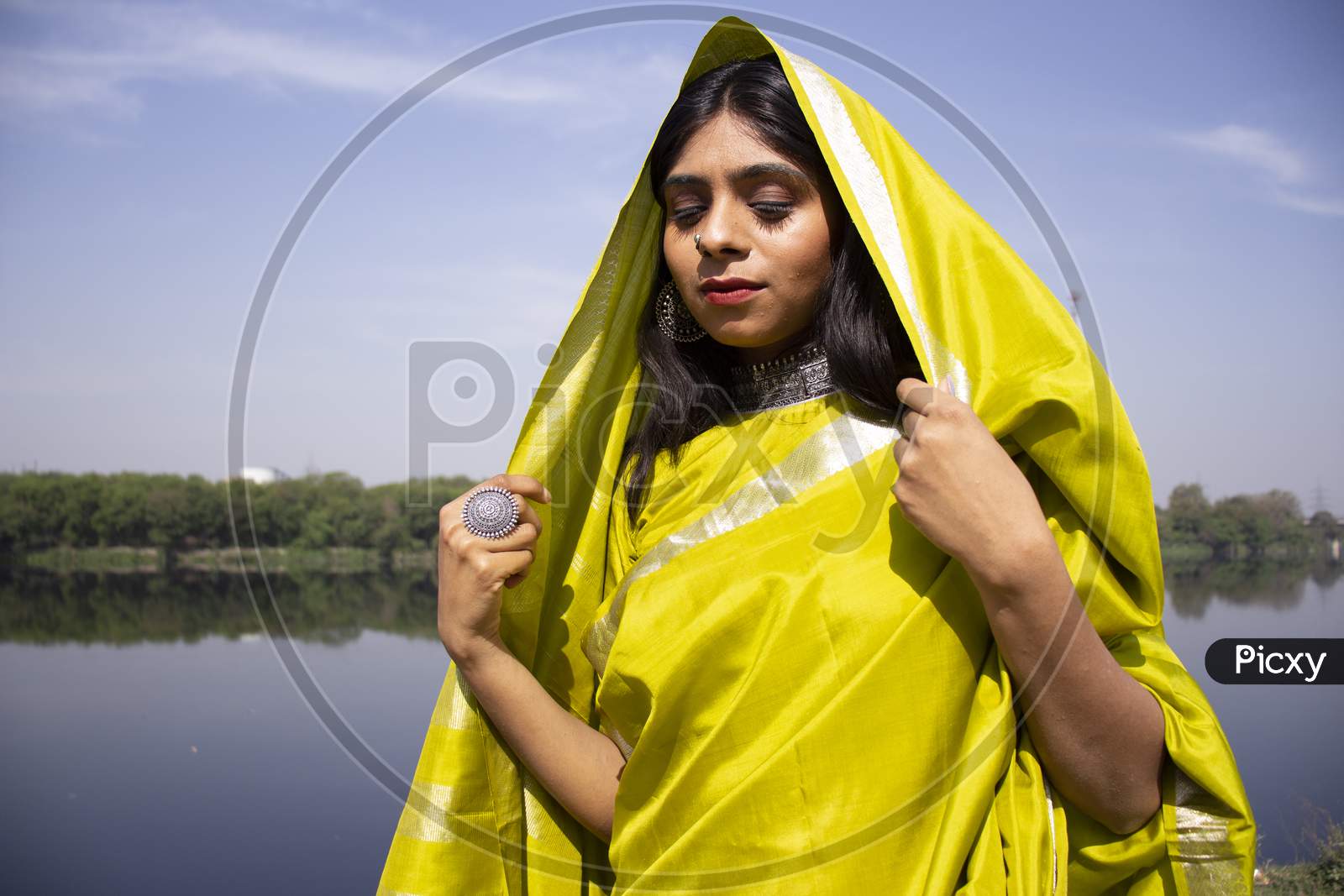 Indian Girl Wearing Green Saree Standing In A Landscape