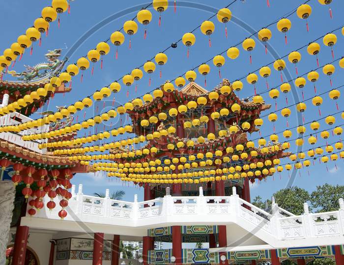 Yellow Lantern Decoration And Pagoda Of Thean Hou Temple