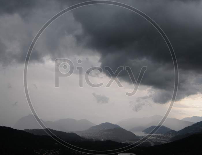 Beautiful View Over The Lugano Region During A Storm In Switzerland