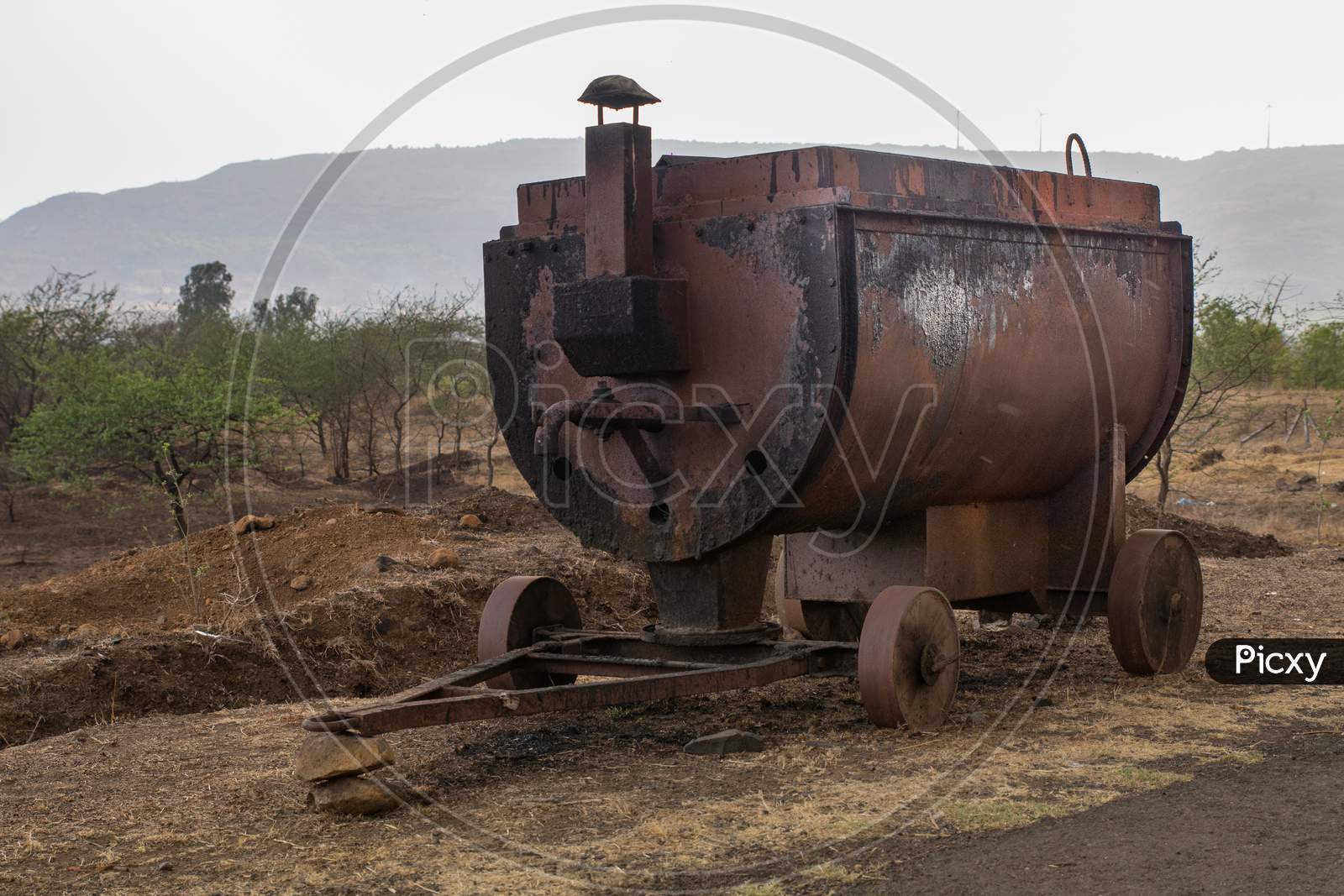 Front View Of A Mobile Tar Or Bitumen Melting Furnace Used In Road Construction