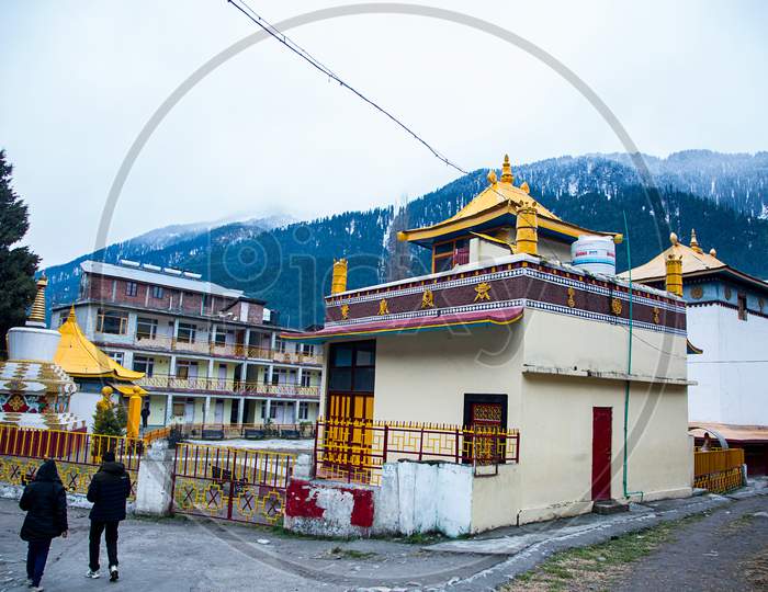 Manali , Himachal Pradsh, India, January 21, 2019 : Wide Angle View Of Buddhist Temple Near Mall Road, Background - Image