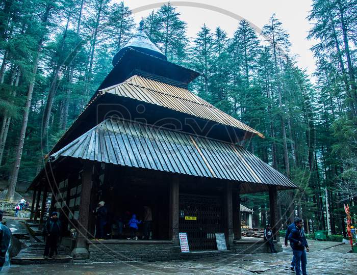 Manali , Himachal Pradsh, India, January 21, 2019 : Wide View Of Hadimba Temple, One Of The Oldest And Most Impressive Wooden Temple In India - Image