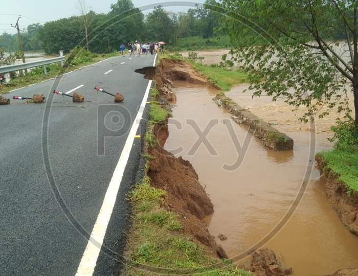 Floodwaters Washed Away A Portion Of A State PWD Road At The Agia-Lakhipur Area In The Goalpara District Of Assam On Sunday.may 24,2020