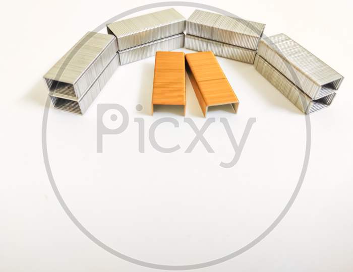 Metal Staples For Stapler Isolated On White Background With Space For Text