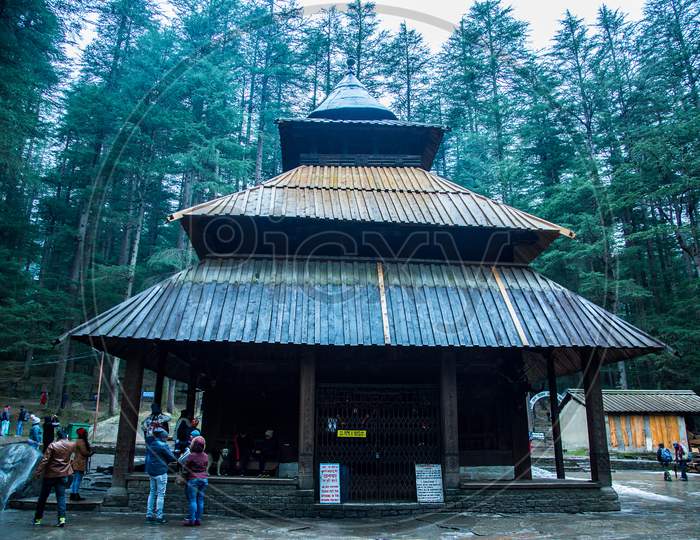 Manali , Himachal Pradsh, India, January 21, 2019 : Front View Of Hidimba Devi Temple, One Of The Oldest And Most Impressive Wooden Temple In India, Surround By Forest , Background - Image