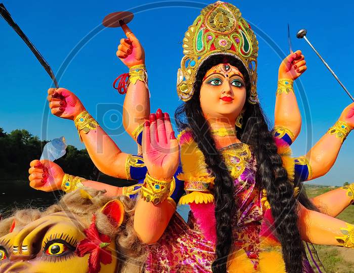 Bhopal, India - October 08,2019: Closeup of face of Goddess Durga, Navratri, Hindu festival. Navratri is the biggest festival in Madhya Pradesh, India