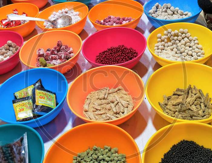 Indian Spices in colourful bowls